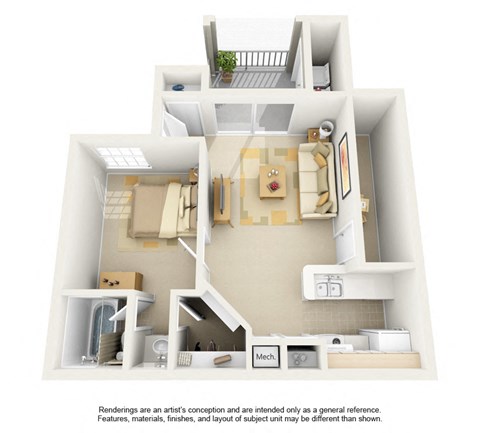 Floor plan for 1 bed, 1 bath, 754 sqft